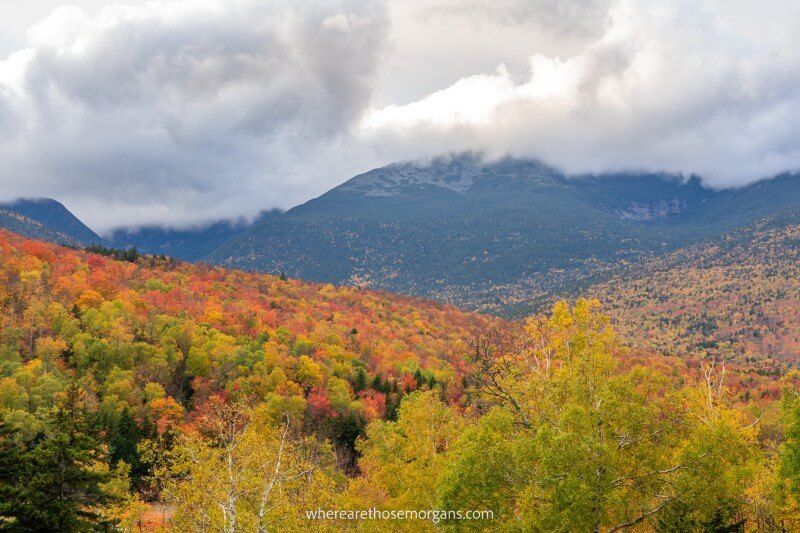 Mount Washington in New Hampshire during Fall foliage season covered in clouds