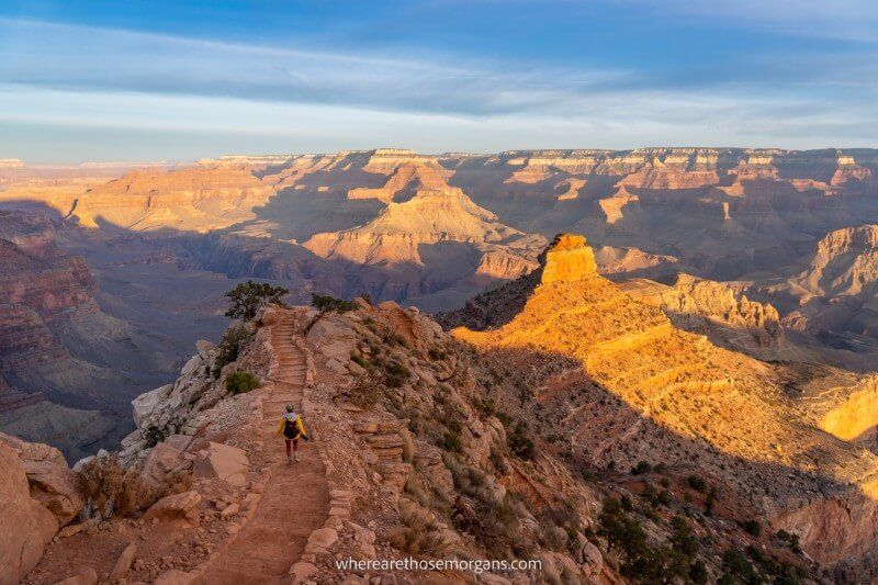 Hiking down South Kaibab trail in Grand Canyon South Rim at sunrise one of the most dramatic trails in the US