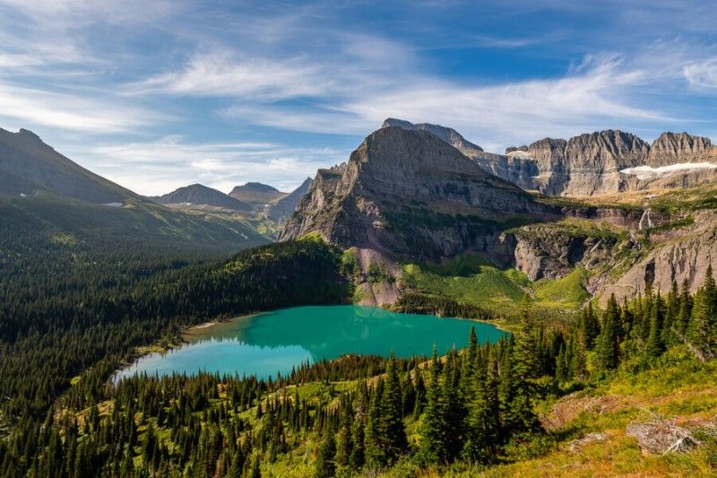 Glacier National Park lake meadow and mountains