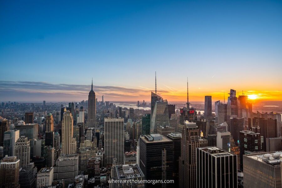 New York City skyline at sunset from Top of the Rock one of the most famous places to visit in the USA