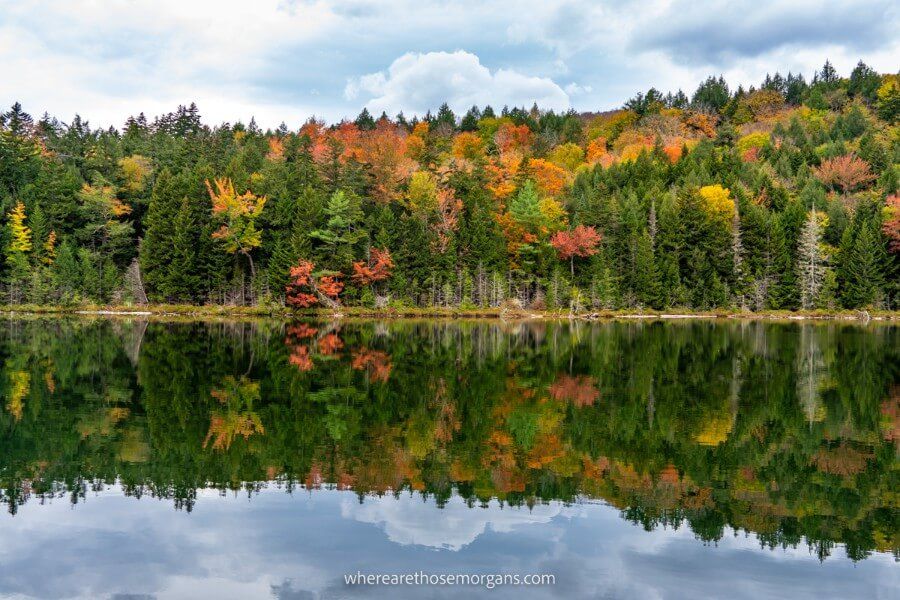 Heart Lake along the Kancamagus Highway road trip through White Mountains in New Hampshire during Fall one of the best short easy road trips in America