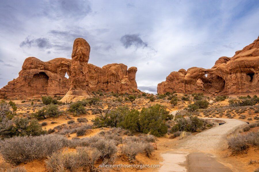 Trail to Double Arch with strange sandstone rock formations