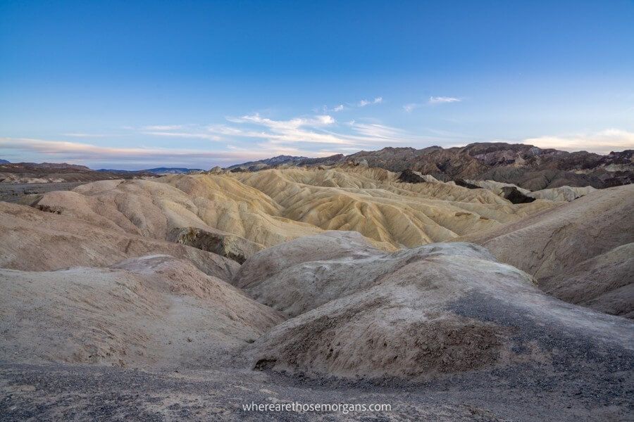 View over unique formations in Death Valley National Park at sunset one of the best in the USA