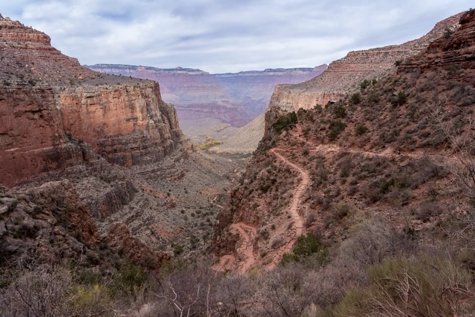 The path of Bright Angel trail leading down to the Colorado River