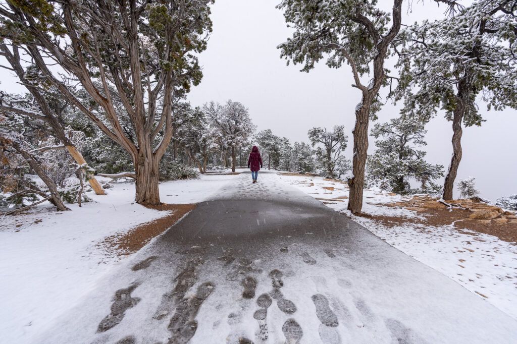 Woman walking through the snow in Grand Canyon National Park