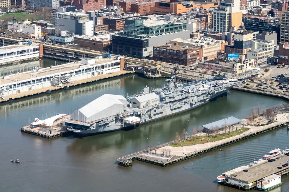 View of the Intrepid Sea, Space and Air museum from a helicopter in New York City