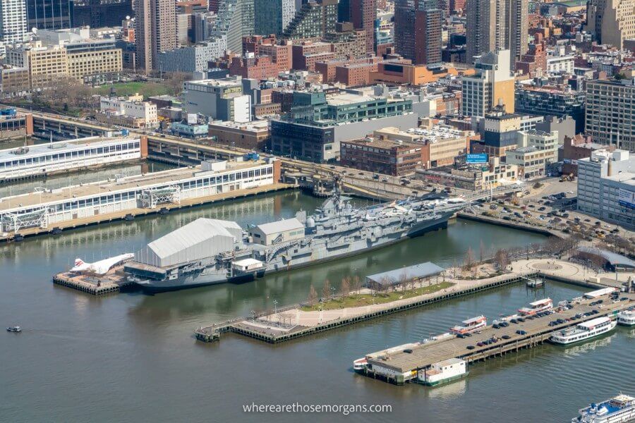 Aerial view of the Intrepid in a New York harbor