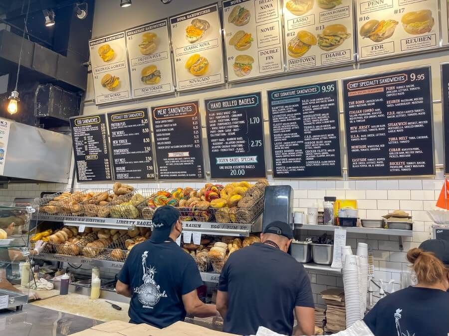 Workers preparing bagels for the morning rush at Liberty bagels