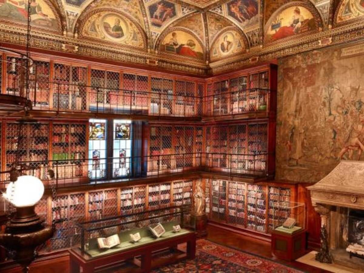 Large book cases at the Morgan Library and Museum in NYC