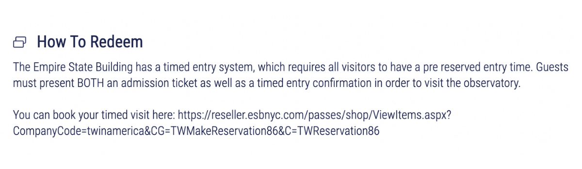 Screenshot of instructions on how to make a timed reservation at New York attractions