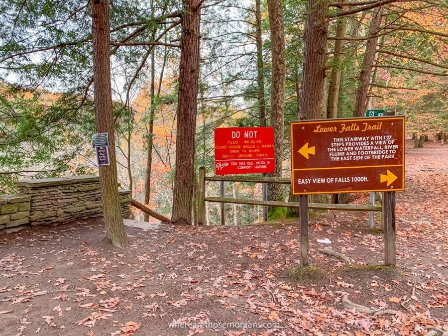 Brown trail sign pointing down to Lower Falls