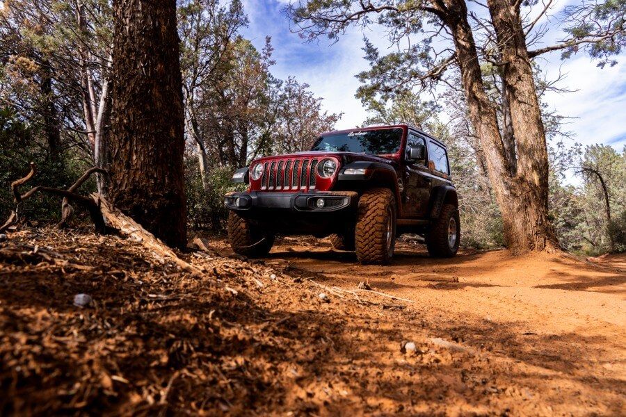 Maroon Jeep Rubicon parked on a dirt road between trees