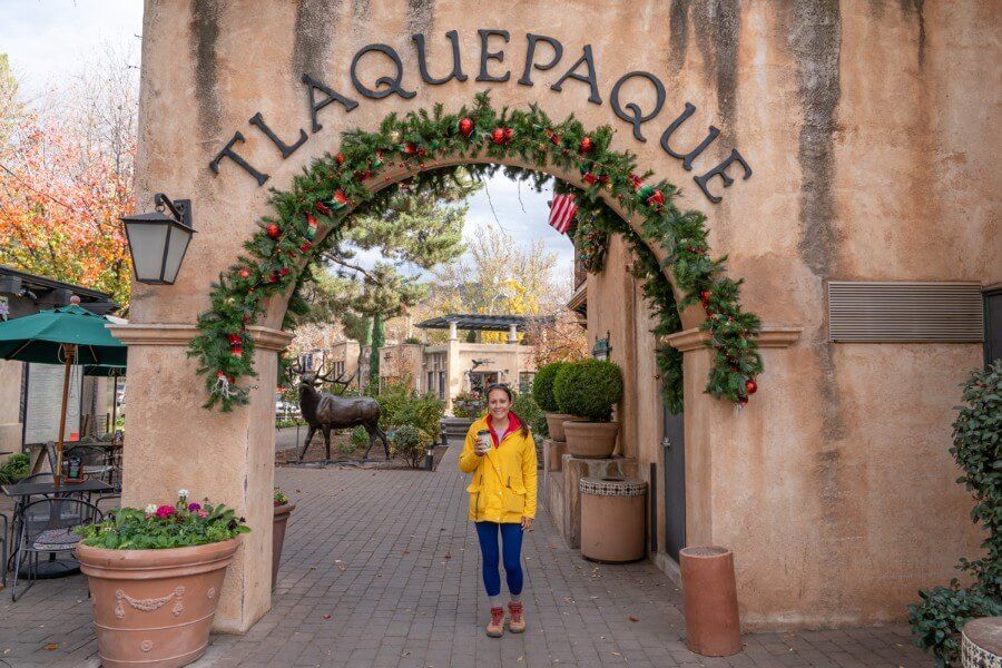 Drinking coffee walking around Tlaquepaque Arts and Shopping Village in Sedona AZ