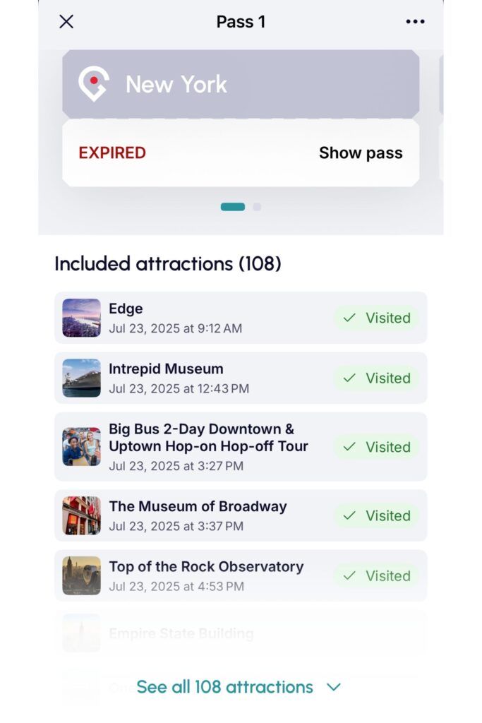Screenshot showing NYC attractions visited with a Go City Pass