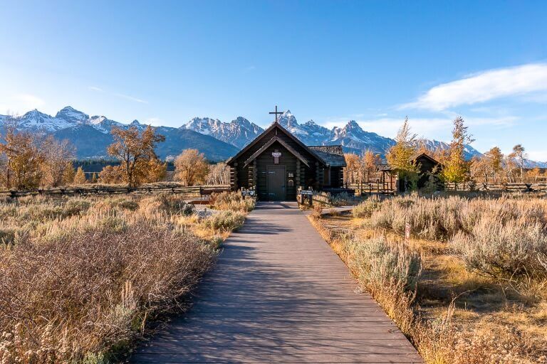 church with Grand Teton range in Wyoming