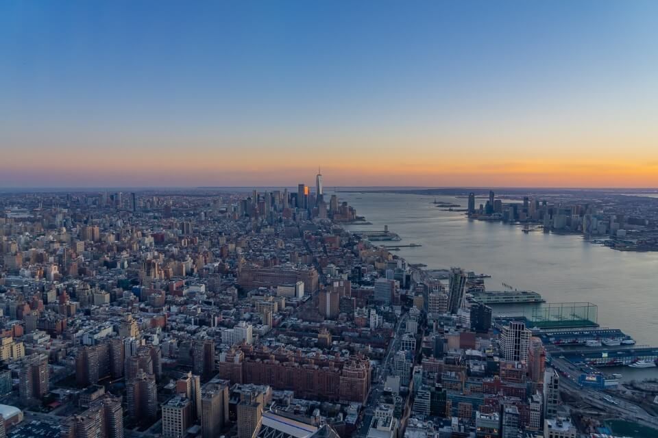 Edge at Hudson Yards during sunset with view of the Hudson River