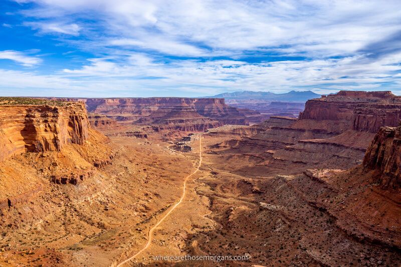 Shafer Trail in Canyonlands National Park huge canyon floor with dirt trail