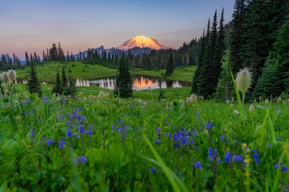 Mount Rainier at sunrise at Naches Peak Loop trail