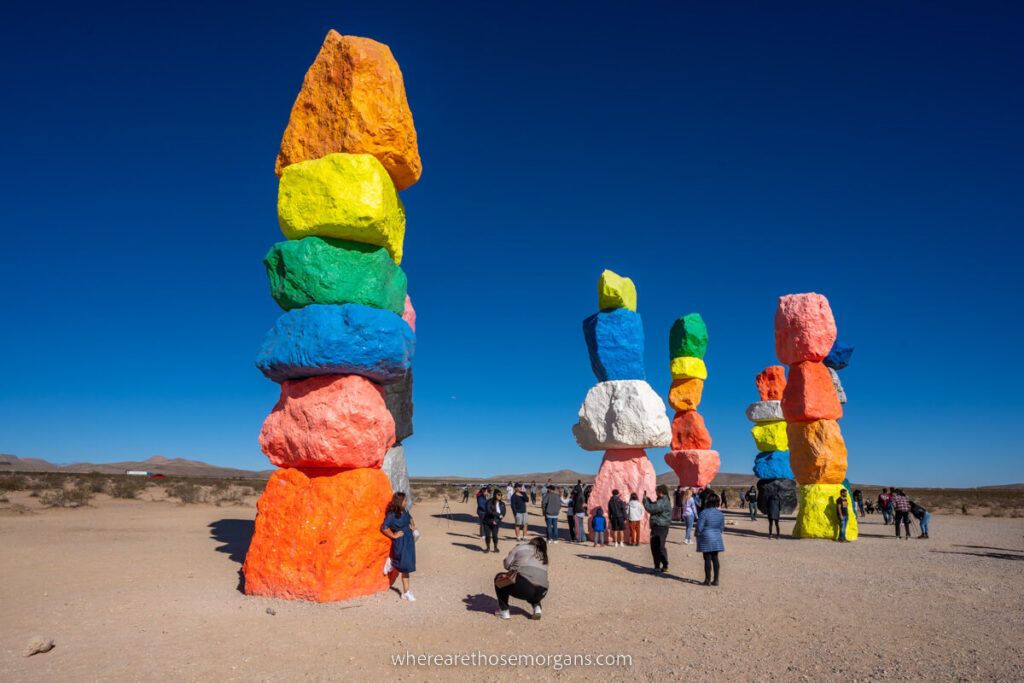 Side angle photo of colorful art exhibit the Seven Magic Mountains in Las Vegas NV