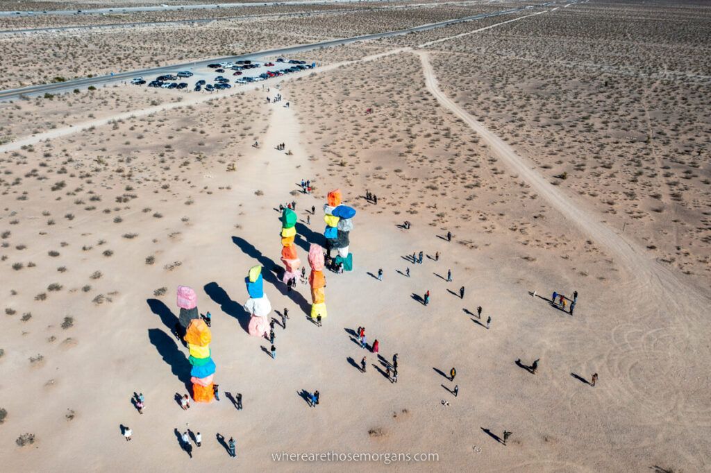 Parking lot near Seven Magic Mountains photo with drone to show walking distance between exhibit and parking area