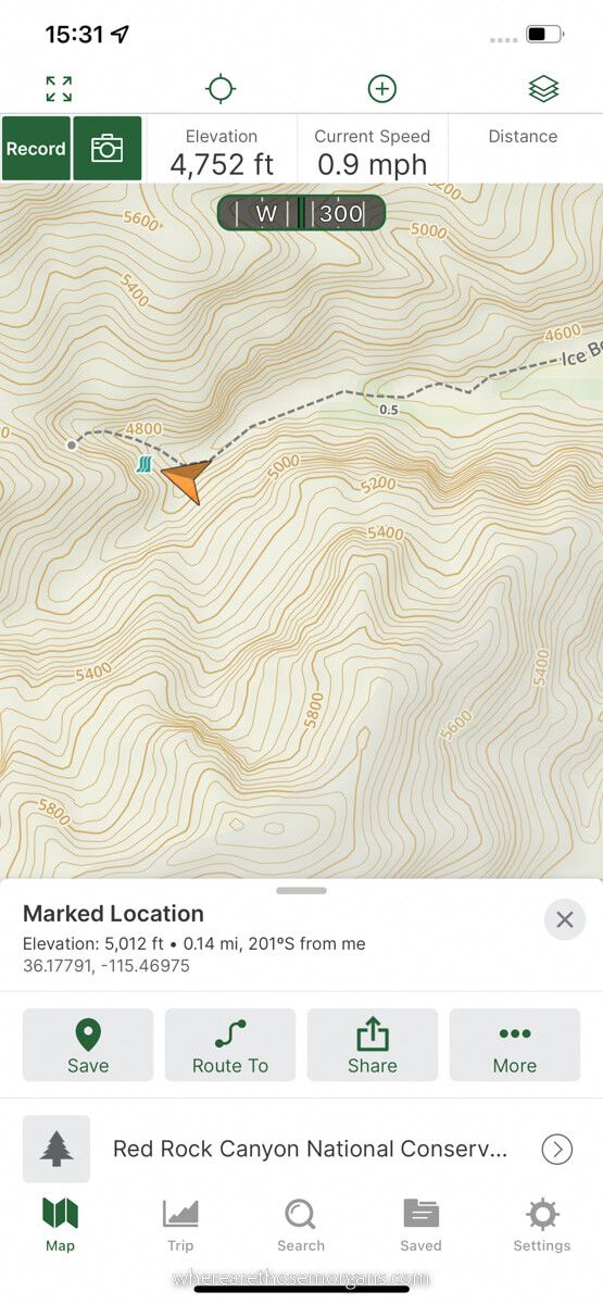 GPS location on Ice Box Canyon Trail with Gaia