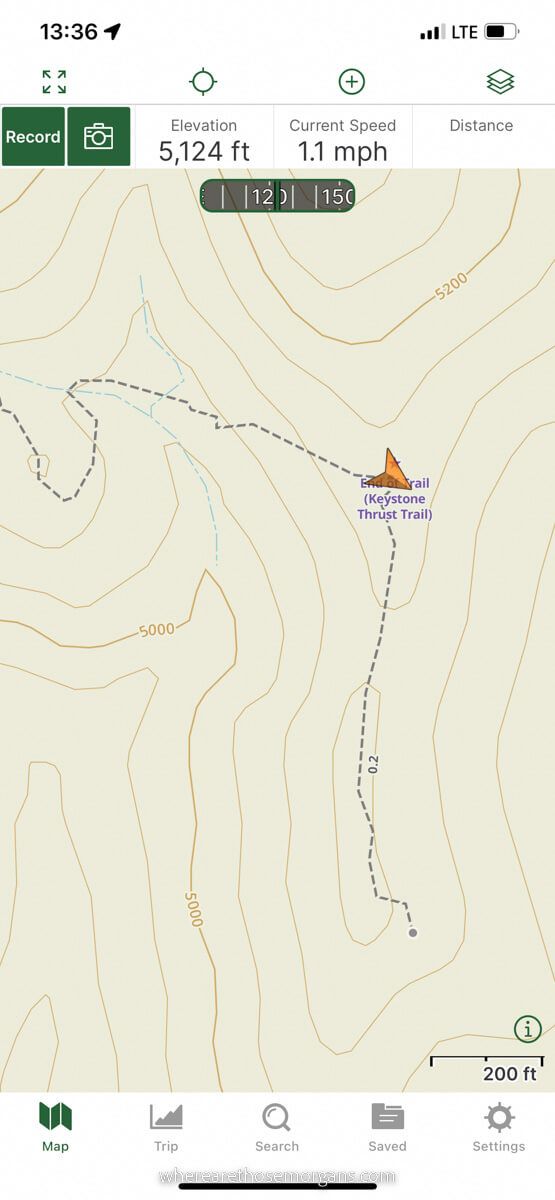 GPS location on Keystone Thrust Trail with Gaia