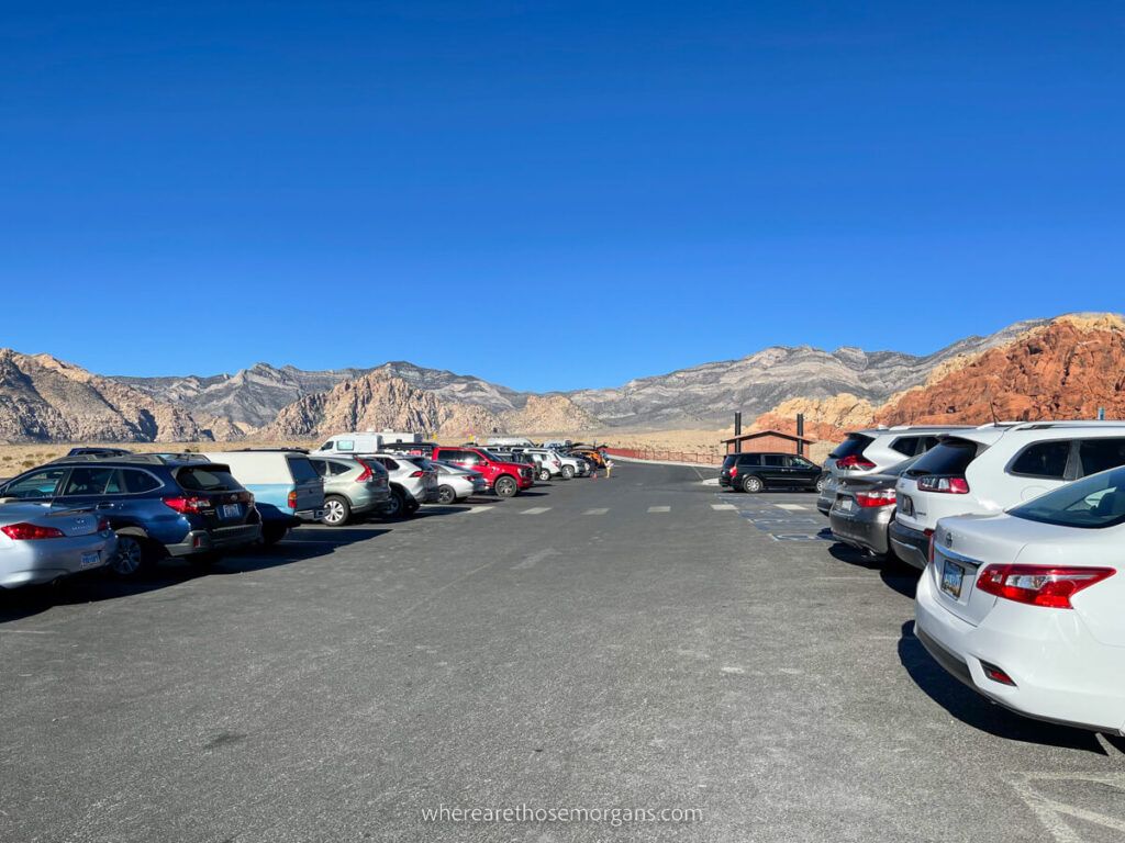 Parking lot with cars on a sunny day and blue sky in Nevada
