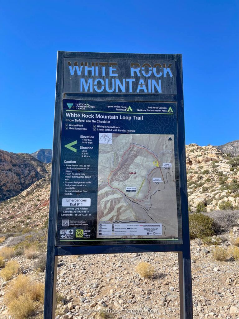 White Rock Mountain hiking trail sign one of the top hikes in Red Rock Canyon near Las Vegas