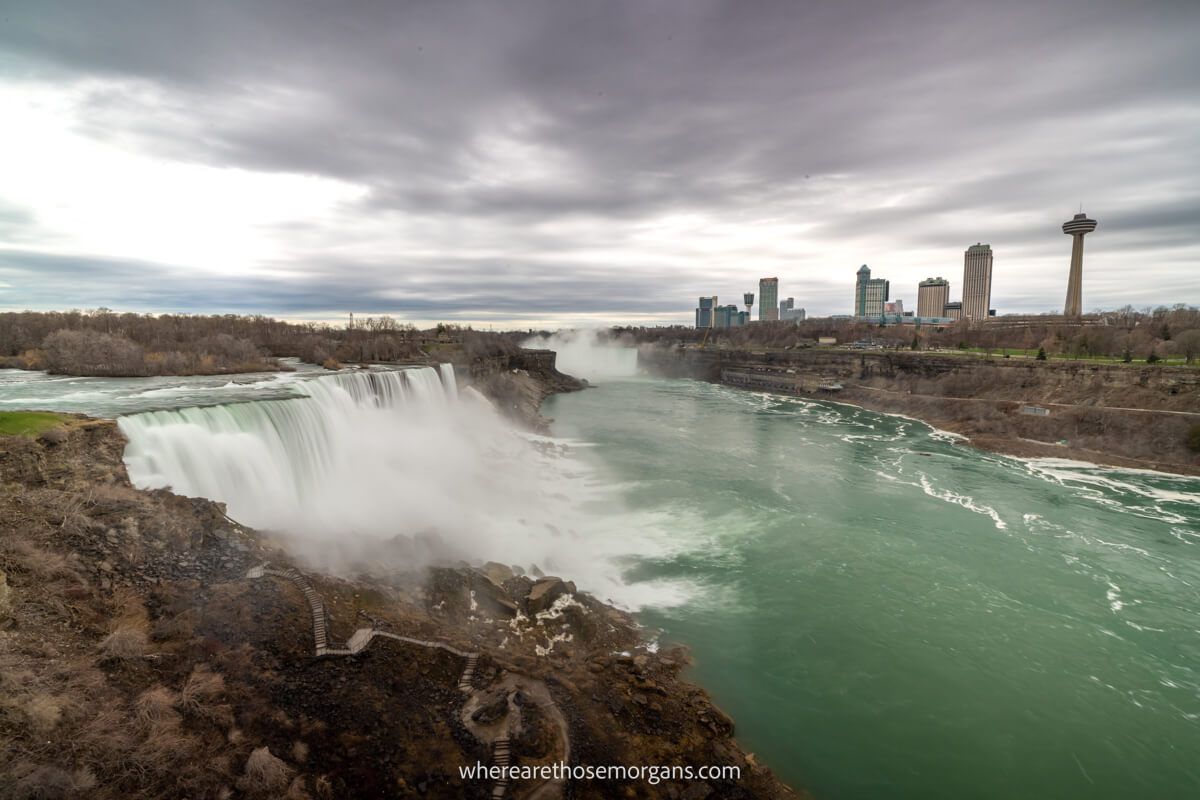 Powerful and famous Niagara Falls on the New York Canada border on a cloudy day