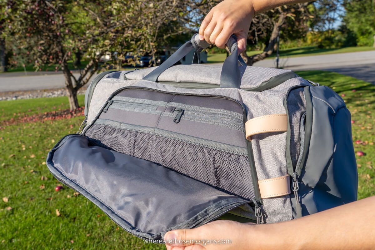 Large exterior pocket on the front of a duffel backpack