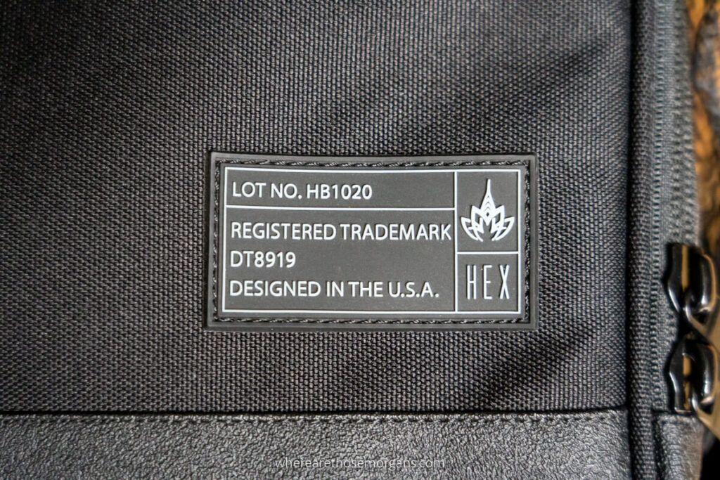 HEX Backpack logo close up view