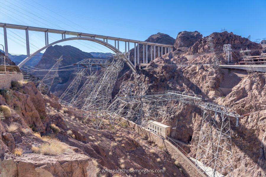 Memorial Bridge with loads of electricity pylons built into canyon walls in Nevada
