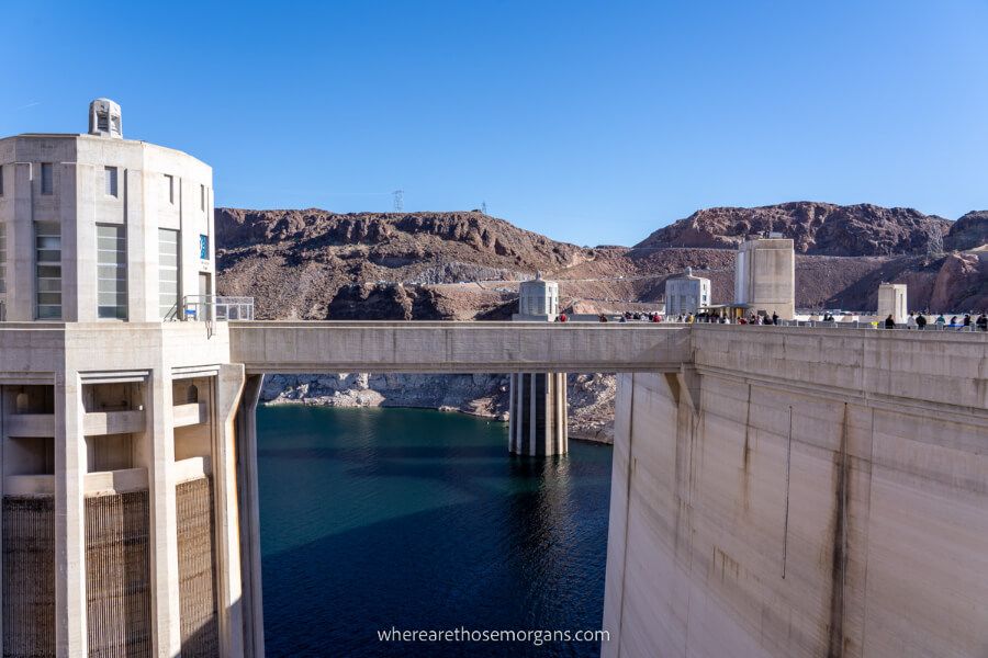 Intake towers and Hoover Dam with water below popular photo to take on a day trip from Las Vegas