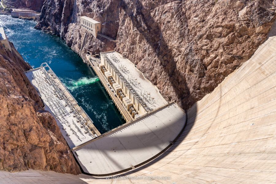 View looking down into Colorado River from the top of Hoover Dam