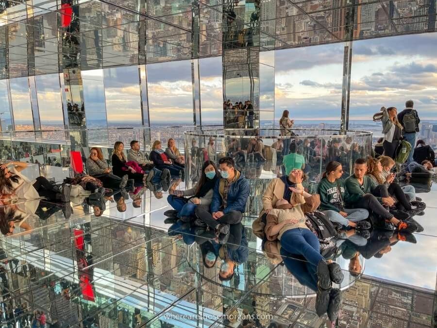 Crowd of people waiting at a NYC observation deck