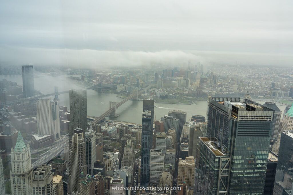 Cloudy day in Manhattan and Brooklyn with mist in the skyline
