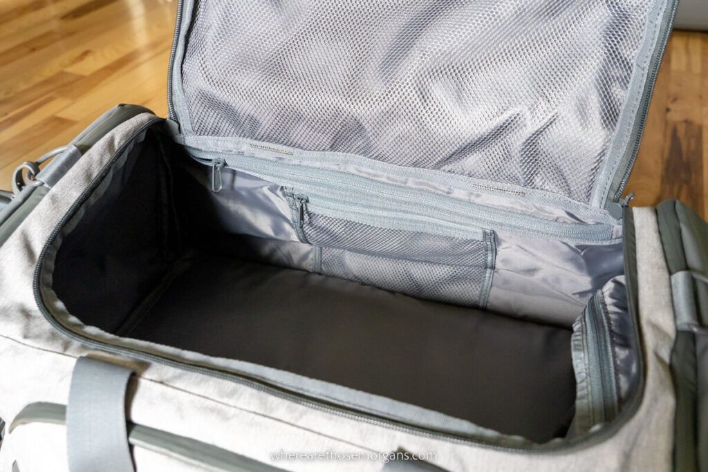 Open main compartment on the Monarc brand grey duffel bag