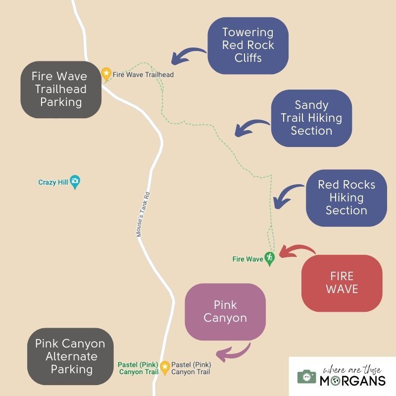Map of the Fire Wave hiking trail with directions and parking areas