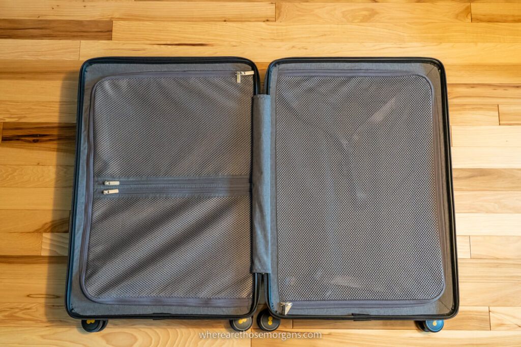 Inside view of the mesh pockets on the LEVEL8 luggage set