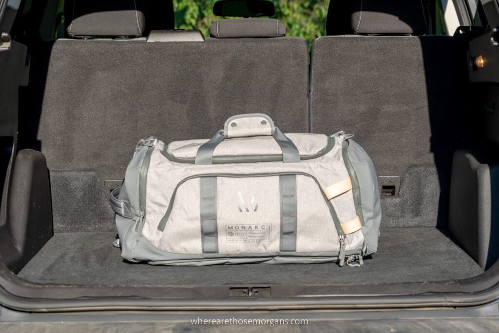 Monarc settra duffel in the trunk of an SUV