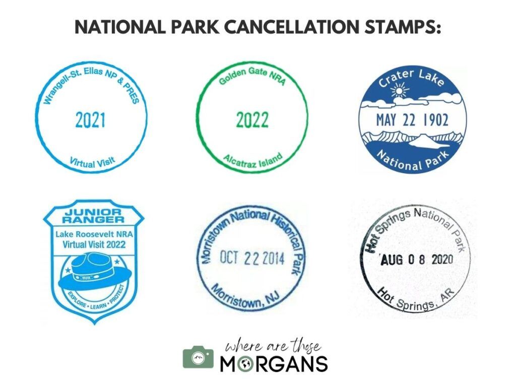 6 examples of national park cancellation stamps