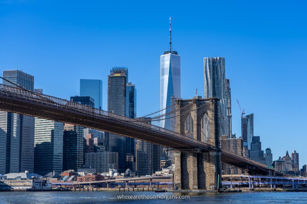 Iconic view of the Brooklyn Bridge and One World Trade Center in Lower Mnahattan