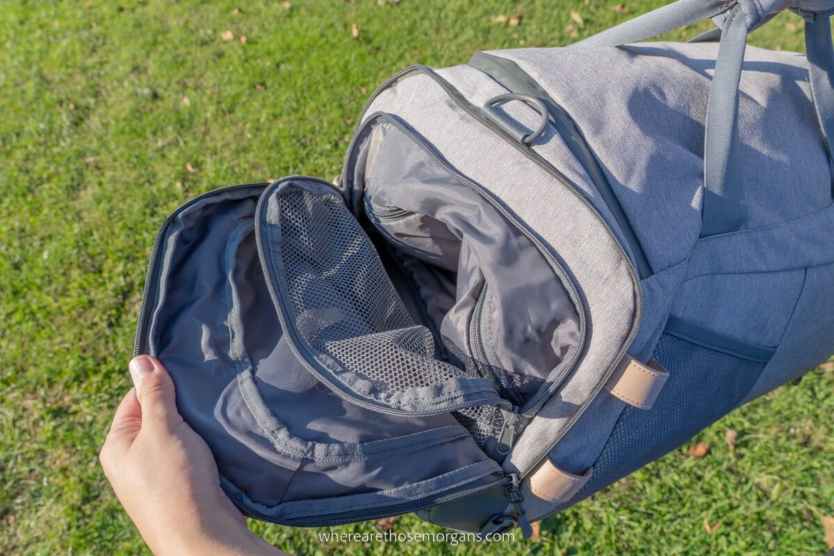 The removable shoe compartment inside a travel duffel
