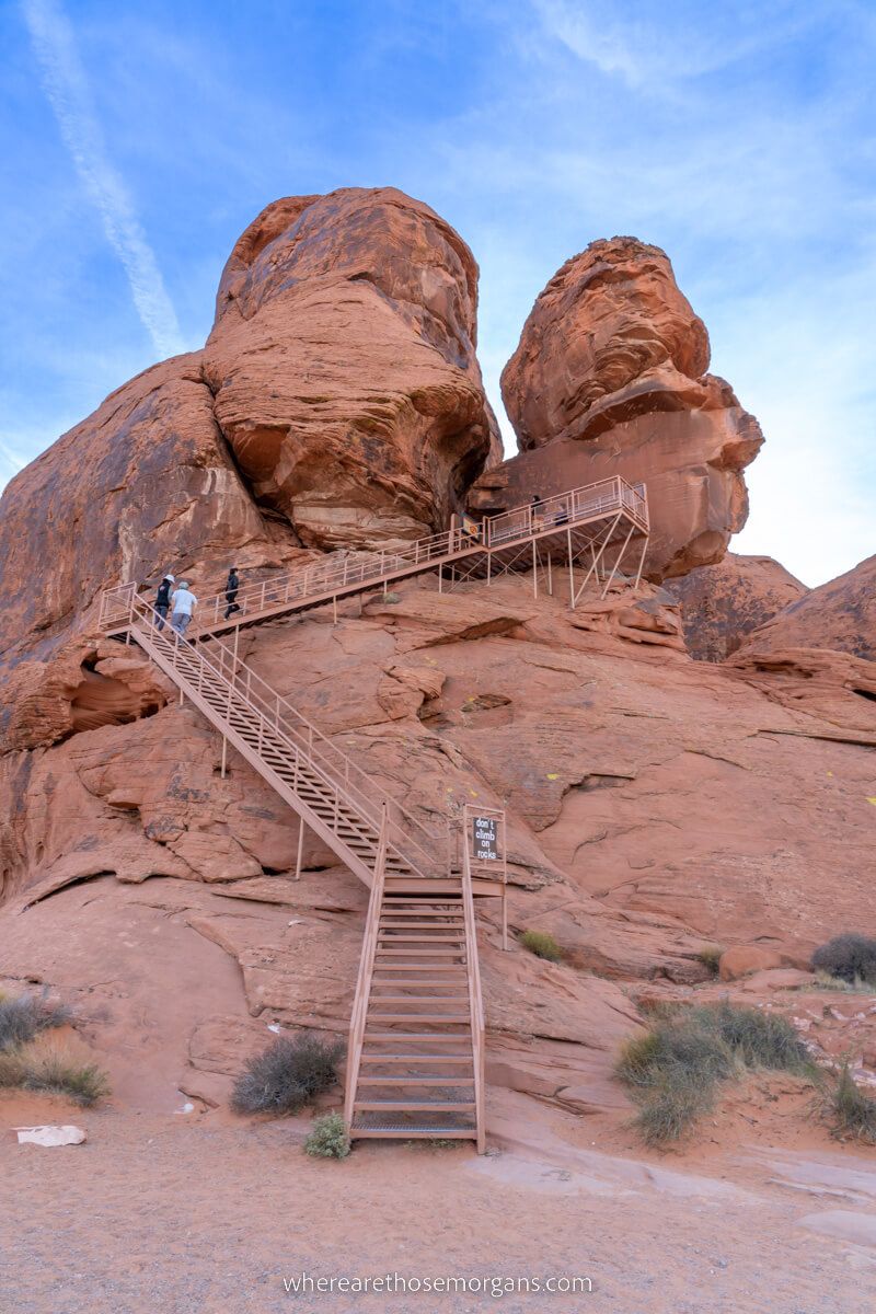 Metal staircase leading up to Atlatl Rock petroglyphs in Nevada