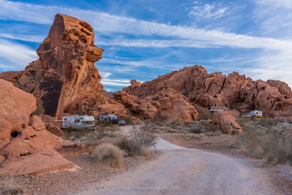 Valley of Fire State Park campground surrounded by red rocks at dusk