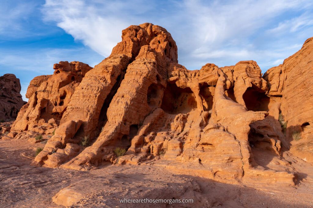 Fire Cave red sandstone rocks at sunset from the outside