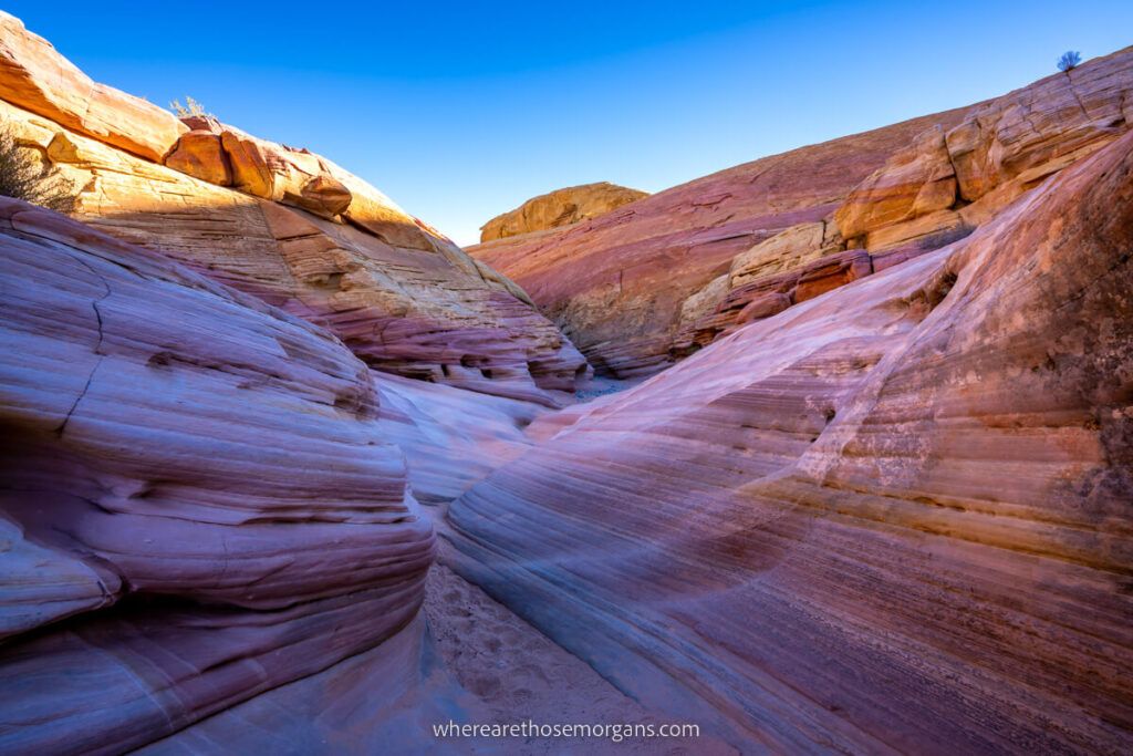Gorgeous colors ranging from blue to pink in Pink Canyon in Valley of Fire State Park Nevada