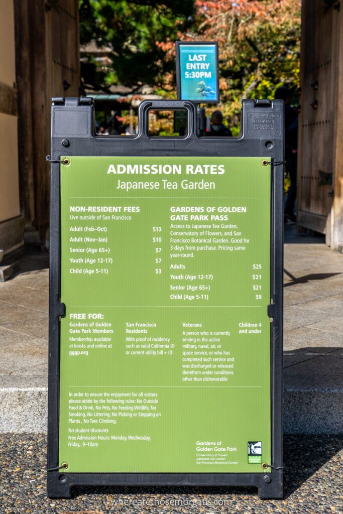 Sign with the admission rates for the San Francisco Japanese Tea Garden