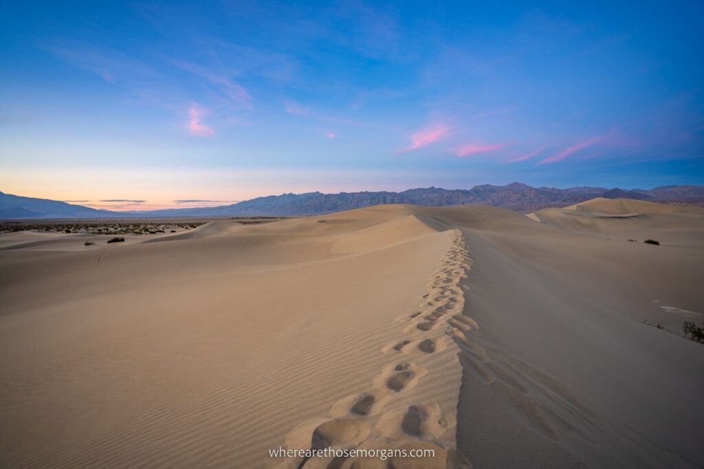 Mesquite sand dunes in Death Valley one of the best day trips destinations from Las Vegas soft light at sunset silky sand with footprints