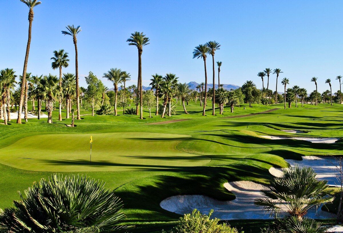 Bali Hai Golf Club near Mandalay Bay at the bottom of the Las Vegas strip lush green grass and shadows of trees